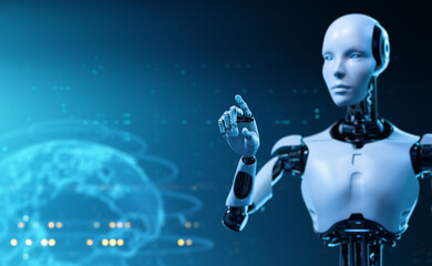 Robot Touching Virtual Screen. Futuristic Technology and Artificial Intelligence Concept