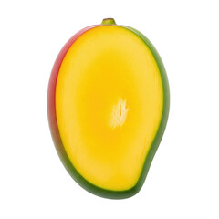 Ripe mango slice, vibrant yellow-orange flesh, red-green skin, isolated on transparent background with copy space, high-key, macro, concept of tropical fruit deliciousness