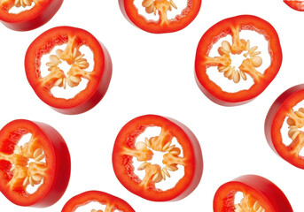 Multiple vibrant red chili pepper slices, perfect rings with white seeds, glossy, suspended mid-air against white background, macro, energetic spice and freshness