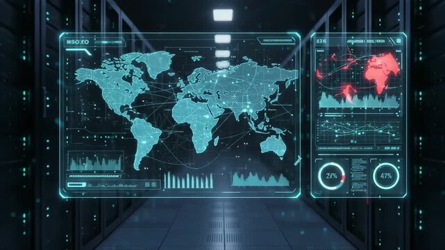 Global Cybersecurity Monitoring Room With World Data Map