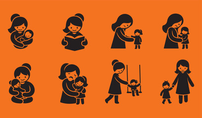 Motherhood, Family, and Parenting Silhouette Icons on Orange Background