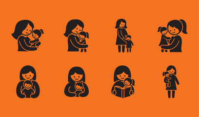Motherhood, Family, and Parenting Silhouette Icons on Orange Background