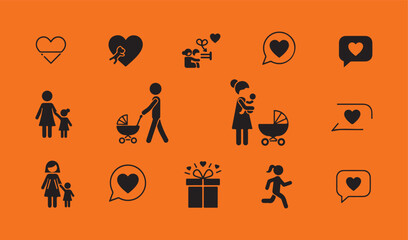 Motherhood, Parenting, and Love Icons Set on Orange Background
