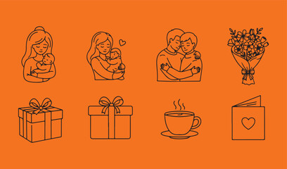 Love, Family, and Gift Line Icons Set on Orange Background