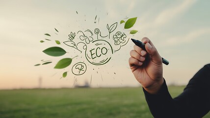 A hand holds a black marker and draws green eco friendly symbols and leaves in the air