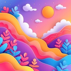 Vibrant 3D Landscape with Colorful Hills and Plants