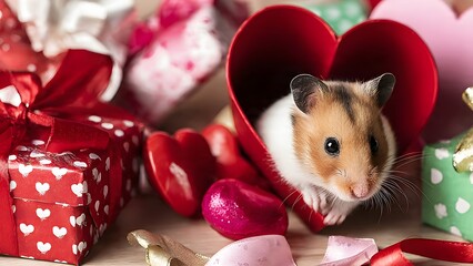 Cute hamster curiously peeking out from a festively decorated exercise wheel featuring heart motifs, encircled by miniature wrapped gifts and silky ribbons in a macro close-up with dreamy bokeh effect