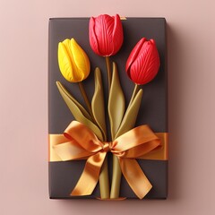 Gift Box with Red and Yellow Tulips and Gold Ribbon
