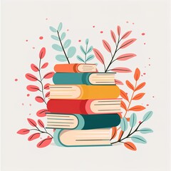 Colorful Stack of Books with Greenery