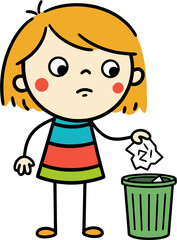 Ginger girl throws trash, kids hygiene rules, vector illustration isolated on transparent background