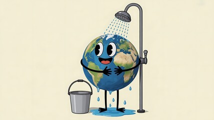 A retro style cartoon Earth character showers with a smile, collecting water in a small metal bucket