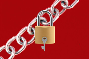 Metal Padlock with Key and Chain on Red. Cybersecurity, Data Protection, Online Privacy, Access Control.