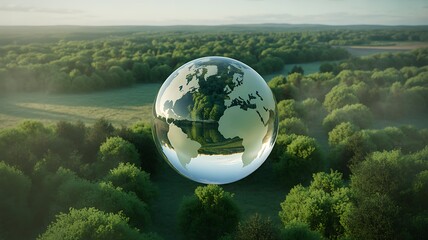A shining glass globe reflecting green forests floats above an expansive natural landscape