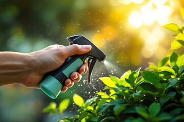Caring Hand Spraying Natural Solution on Vibrant Green Garden Plants Outdoors in Bright Sunlight for Healthy Growth and Pest