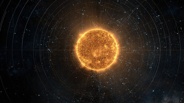 A radiant celestial sun against a starry background. The image evokes a sense of cosmic wonder and scientific exploration