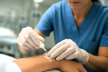 Health care professional applying a clinical adhesive patch for transdermal medication delivery and patient recovery management