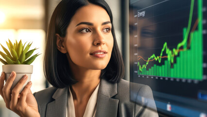 Businesswoman Holding Plant Looking at Rising Stock Market Chart