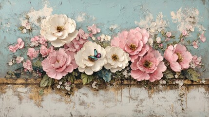 Pastel floral still life with textured flowers and butterfly