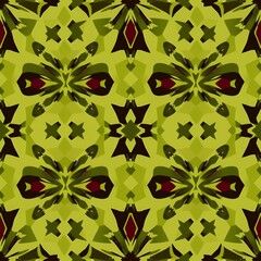 Abstract geometric pattern with green and maroon repeating shapes and textures graphic
