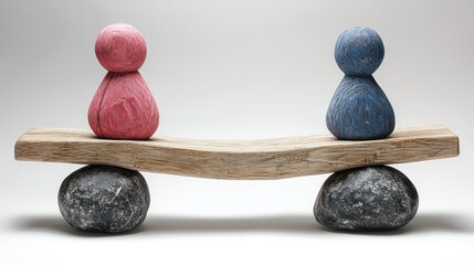 Pink & blue figures on a wooden plank