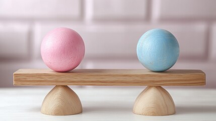 Pink and blue balls on a wooden seesaw