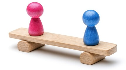 Pink and blue figurines on a wooden seesaw