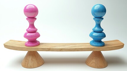 Pink and blue spheres atop wooden balance