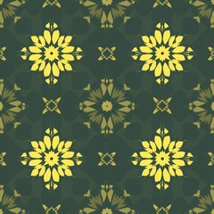 Repeating yellow floral mandala pattern on dark green textured background geometric