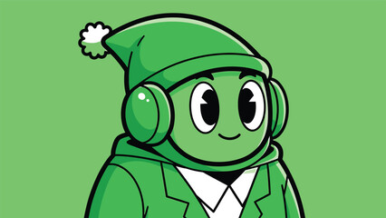 Fototapeta premium Cartoon Character in Green Outfit with Headphones and Hat.