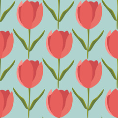 Seamless pattern with tulip flowers on a mint green background. Cute floral print. Vector illustration.