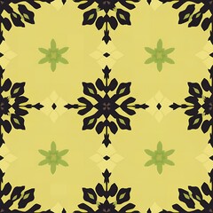 Seamless pattern of stylized dark floral motifs and abstract green flower shapes on a soft yellow background