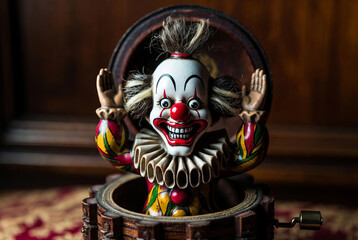 The box suddenly opens and a clown figure suddenly jumps out of it, frightening everyone around.