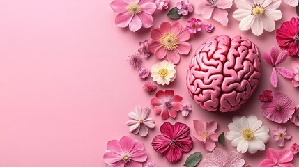 Pink brain surrounded by flowers on a pink background
