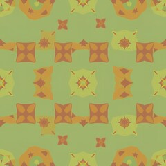 Muted green background with an abstract repeating geometric pattern of orange and tan shapes and starbursts