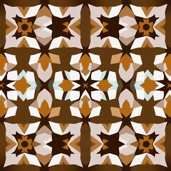 Repeating geometric pattern featuring star shapes and angular elements in brown white and amber