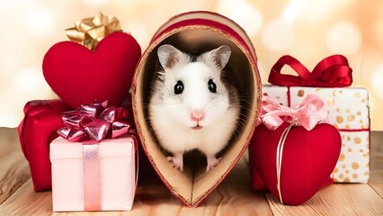 Cute hamster curiously peeking out from a festively decorated exercise wheel featuring heart motifs, encircled by miniature wrapped gifts and silky ribbons in a macro close-up with dreamy bokeh effect