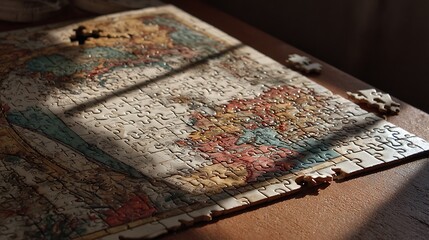 Partially Completed Vintage World Map Puzzle on Table.