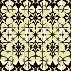 Intricate geometric floral pattern with repeating symmetrical motifs in dark brown cream and green