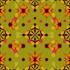 Abstract geometric pattern with floral motifs and starbursts on a green background