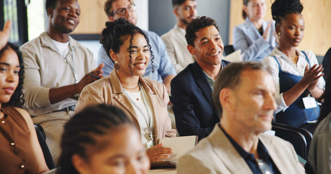 Happy, business people or audience in conference with applause for tradeshow, career expo and knowledge. Group, seminar and workshop crowd with clapping, celebration or support for skill development.