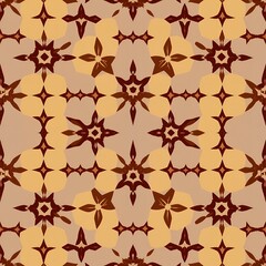 Geometric floral pattern with repeating star and petal motifs in earthy tones brown