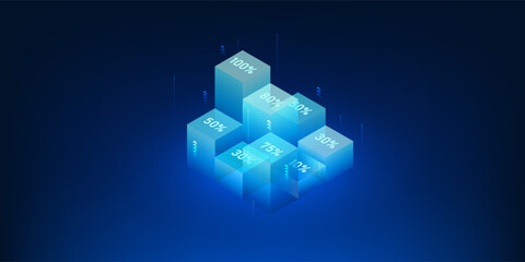 Abstract Technology Background with Geometric Square Shapes and Percentage Infographic, Digital Data Visualization, Progress Status Display, Analytics Dashboard, Business Statistics, Future Technology