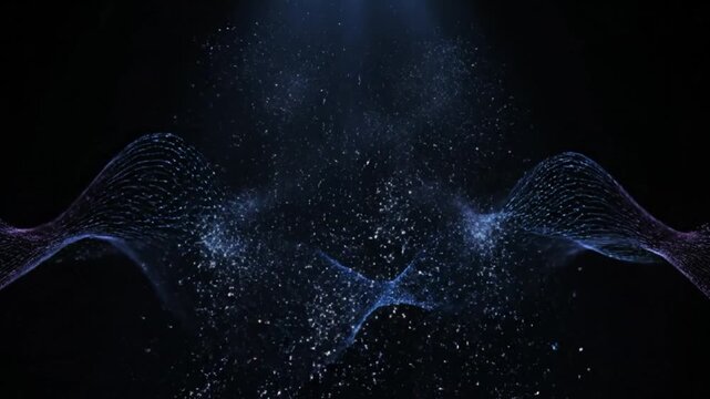 A futuristic video visualization of a human body made of digital particles and light