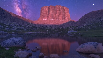 Pink mountain reflected in calm lake, starry night