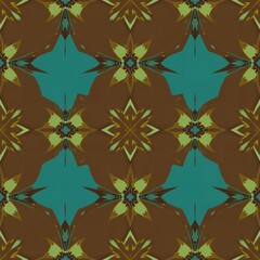 Abstract geometric floral pattern with brown and teal color scheme seamless repeating