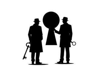 鍵穴の前に立つ探偵のシルエットで調査・分析・ミステリーのコンセプトイメージ