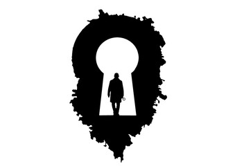 鍵穴の前に立つ探偵のシルエットで調査・分析・ミステリーのコンセプトイメージ