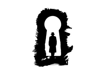 鍵穴の前に立つ探偵のシルエットで調査・分析・ミステリーのコンセプトイメージ