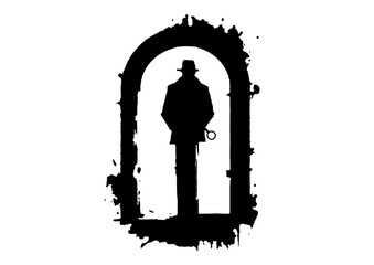 鍵穴の前に立つ探偵のシルエットで調査・分析・ミステリーのコンセプトイメージ