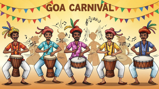 A vibrant illustration of drummers celebrating the Goa Carnival with colorful decorations and festive attire